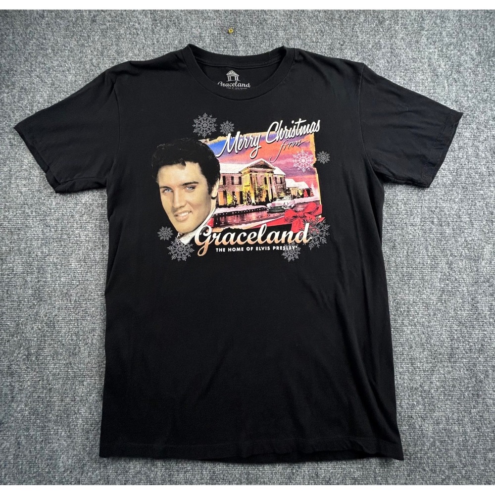 Elvis Presley Graceland Christmas T-Shirt Black Graphic Tee Womens Large Holiday